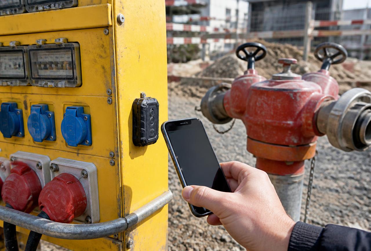 Smartphone wird an einen wetterfesten Sensor-Tag an einem Baustromverteiler gehalten, daneben eine Pumpe