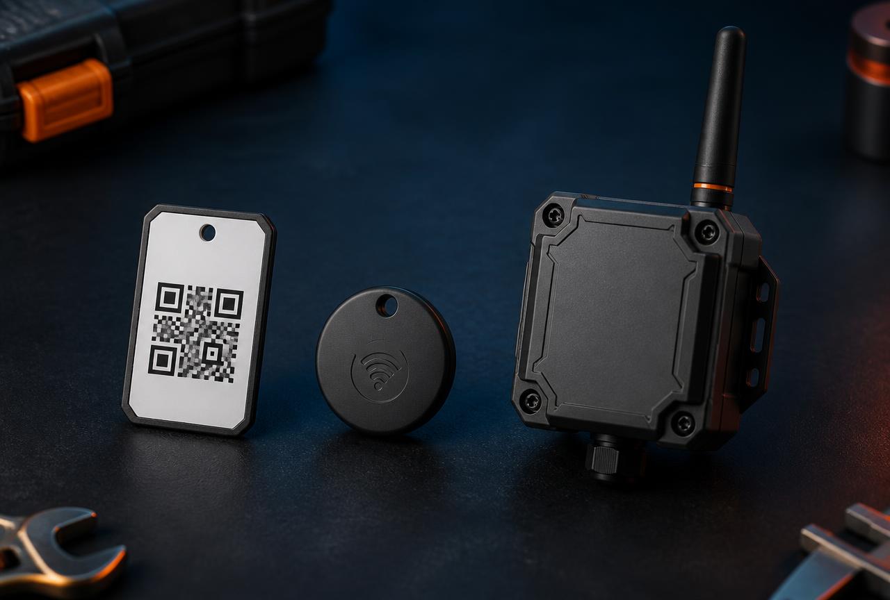 Drei Hardware-Varianten nebeneinander: robustes QR-Label, NFC-Tag und industrieller LoRaWAN-Sensor